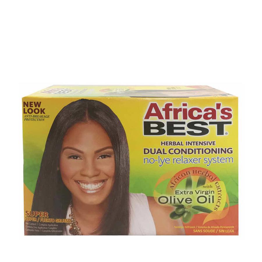 Box of Africas Best herbal no-lye relaxer system dual conditioning with extra virgin olive oil and smiling model