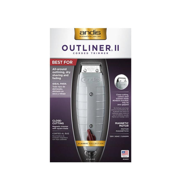 Andis Outliner II trimmer with close-cutting carbon steel blade and magnetic motor in packaging