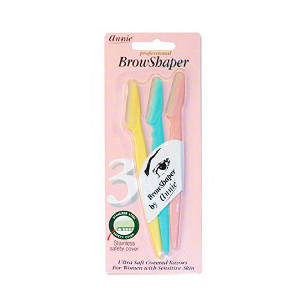 ANNIE brow shaper set with three pastel-colored eyebrow razors for sensitive skin