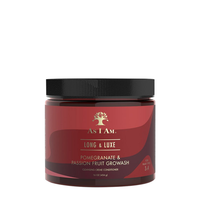 As I Am Long and Luxe pomegranate and passion fruit cleansing creme jar with black lid as i am long and luxe growash