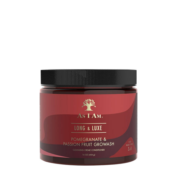 As I Am Long and Luxe pomegranate and passion fruit cleansing creme jar with black lid as i am long and luxe growash