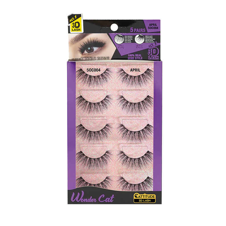 EBIN Wonder Cat April 3D lashes five pairs dramatic full volume false eyelashes in purple packaging