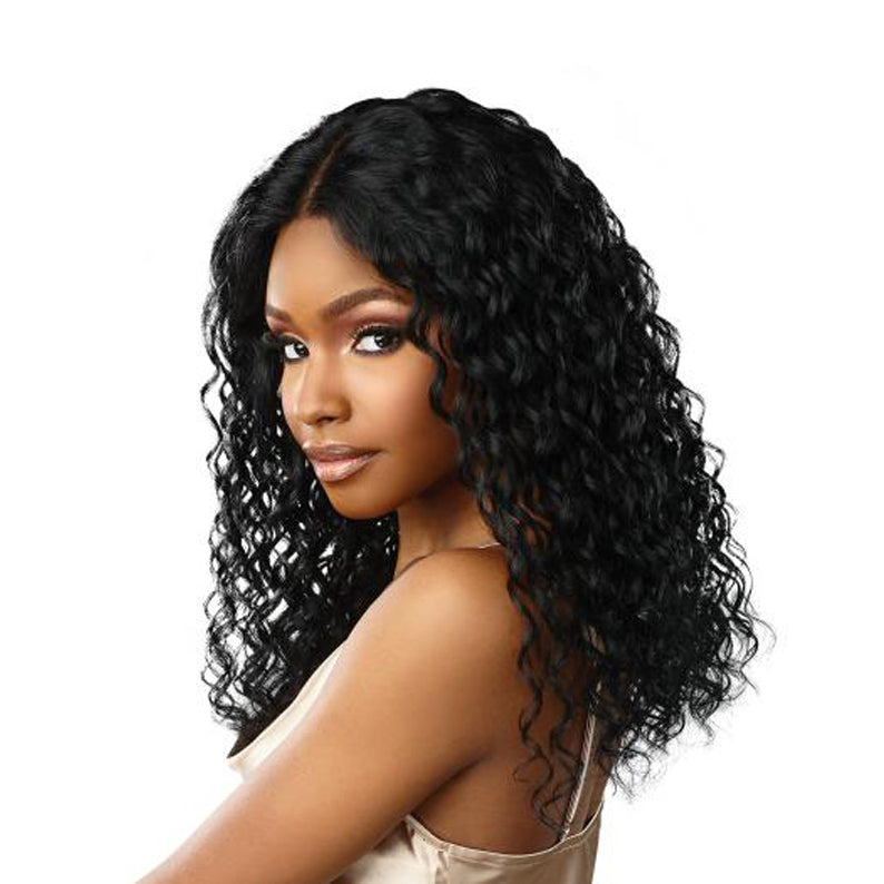 SENSATIONNEL virgin human hair lace wig deep curly black shoulder length with natural center part and hairline