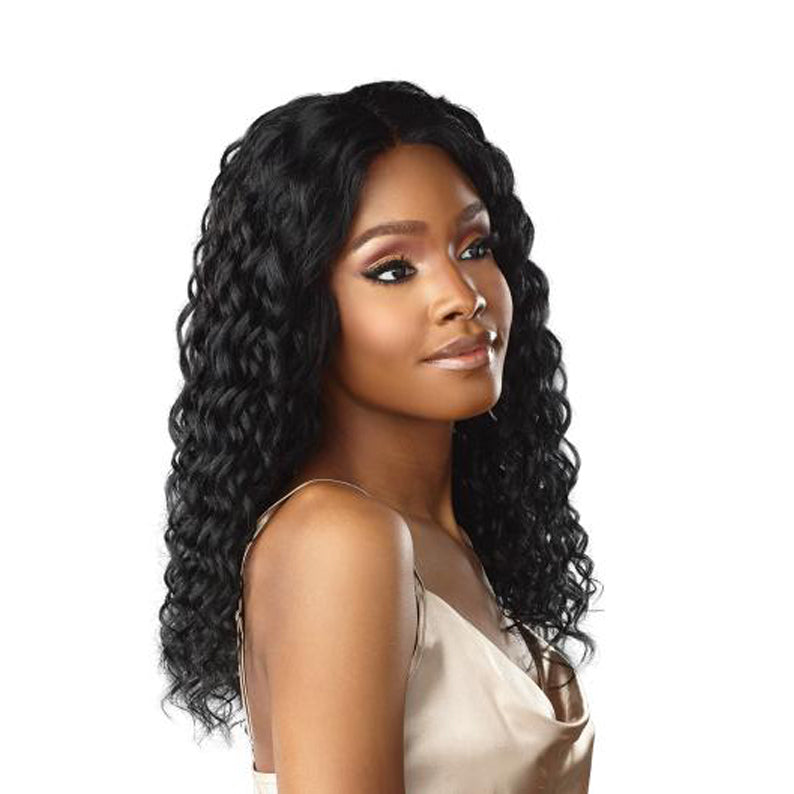 SENSATIONNEL virgin human hair lace wig black wavy mid length with natural hairline on model
