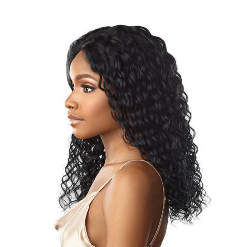 SENSATIONNEL shoulder length deep wave black wig on model showing natural hairline virgin human hair lace wig