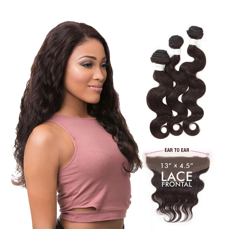 SENSATIONNEL body wave lace frontal bundle deal with natural black wavy hair and lace frontal 13x4.5 inches