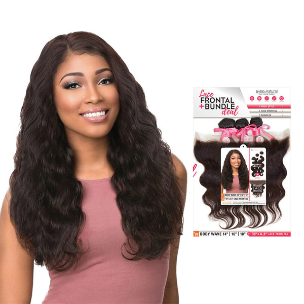 Sensationnel body wave lace frontal bundle deal with natural long wavy hair on smiling woman