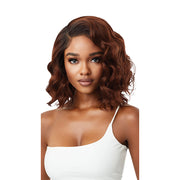 OUTRE 13x4 lace frontal wig wavy shoulder length auburn brown bob on model with deep side part
