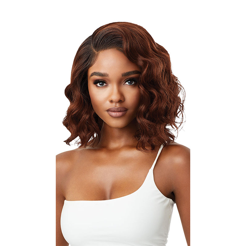 OUTRE 13x4 lace frontal wig wavy shoulder length auburn brown bob on model with deep side part