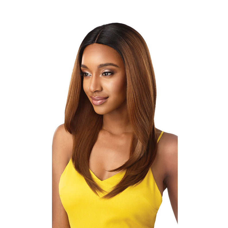 OUTRE 20 inch synthetic lace front wig straight brown with dark roots center part for sleek everyday wear