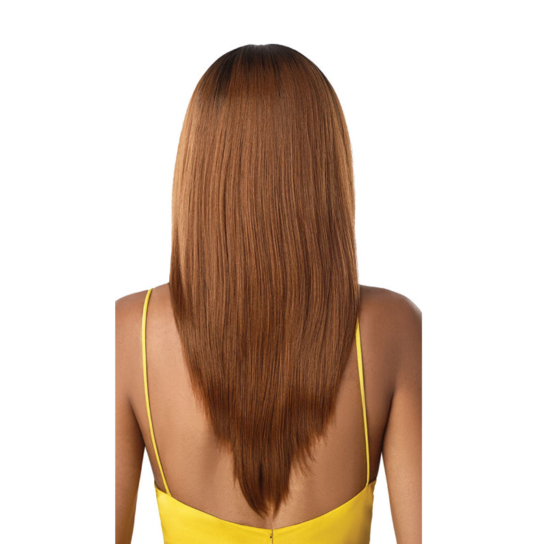 OUTRE 20 inch synthetic lace front wig straight brown with dark roots mid back length rear view on model