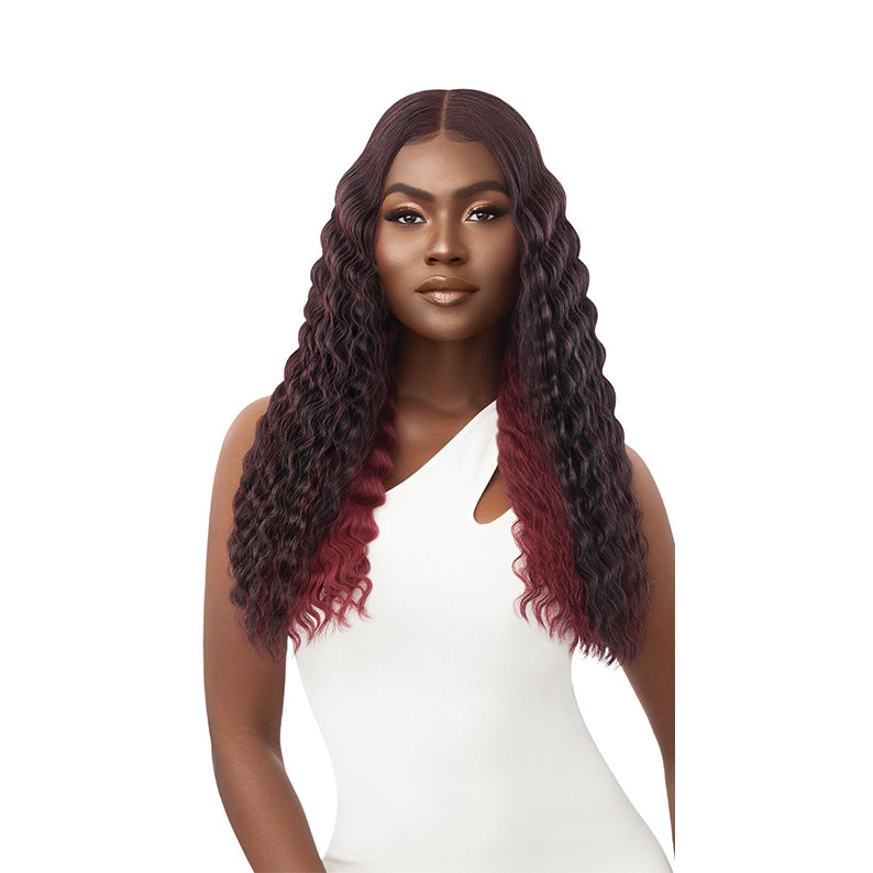 OUTRE 22 inch lace front wig wavy deep burgundy ombre center part on model in white dress