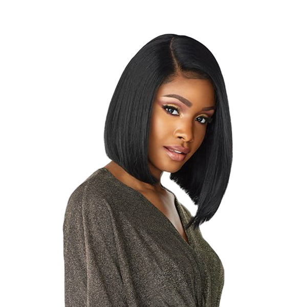 SENSATIONNEL Butta Lace wig human hair sleek black angled bob with middle to side part