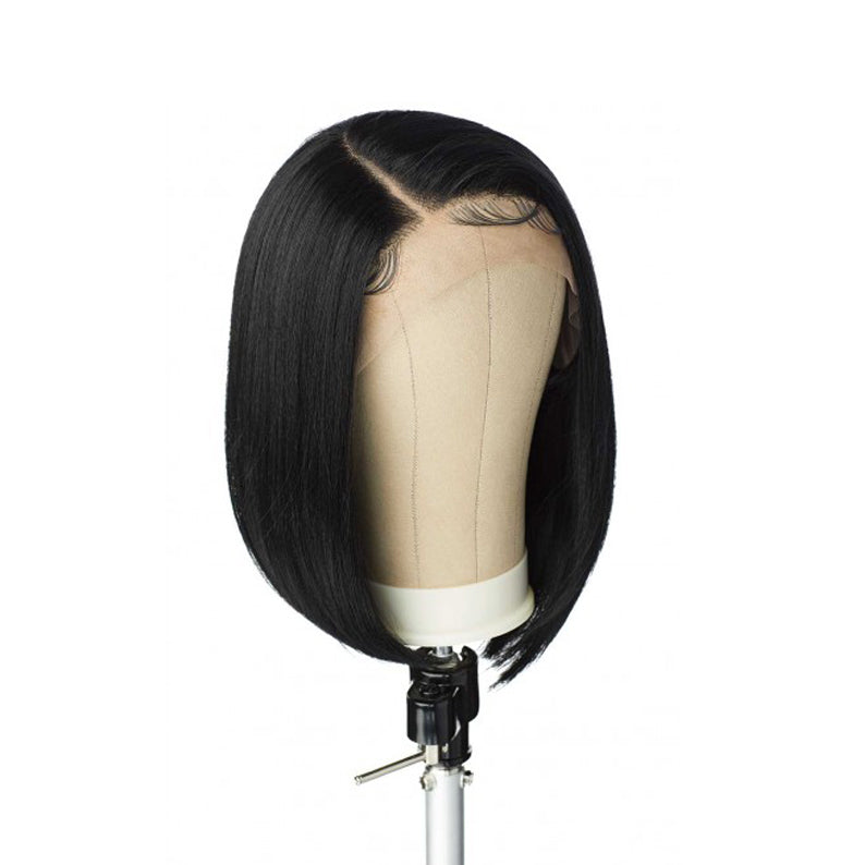 SENSATIONNEL Butta Lace wig human hair straight black bob with natural side part and baby hairs on mannequin