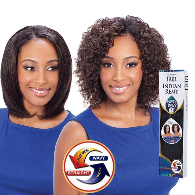 Shake N Go Indian Remy wet and wavy hair shown on models in straight bob and curly wet wavy styles