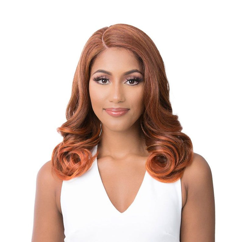 Model wearing ITS A WIG HD lace front wig Alana copper auburn shoulder length waves with side part