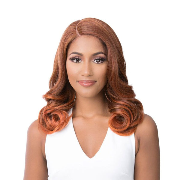 Model wearing ITS A WIG HD lace front wig Alana copper auburn shoulder length waves with side part