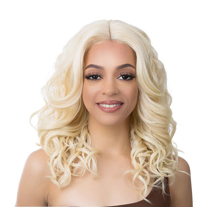 ITS A WIG HD lace front wig Zarina platinum blonde shoulder length loose curls with center part