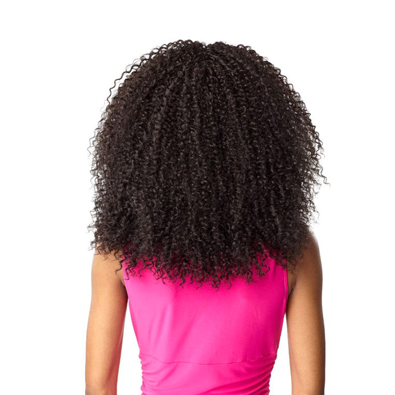 Back view of SENSATIONNEL instant weave drawstring half wig in natural dark curly texture shoulder length