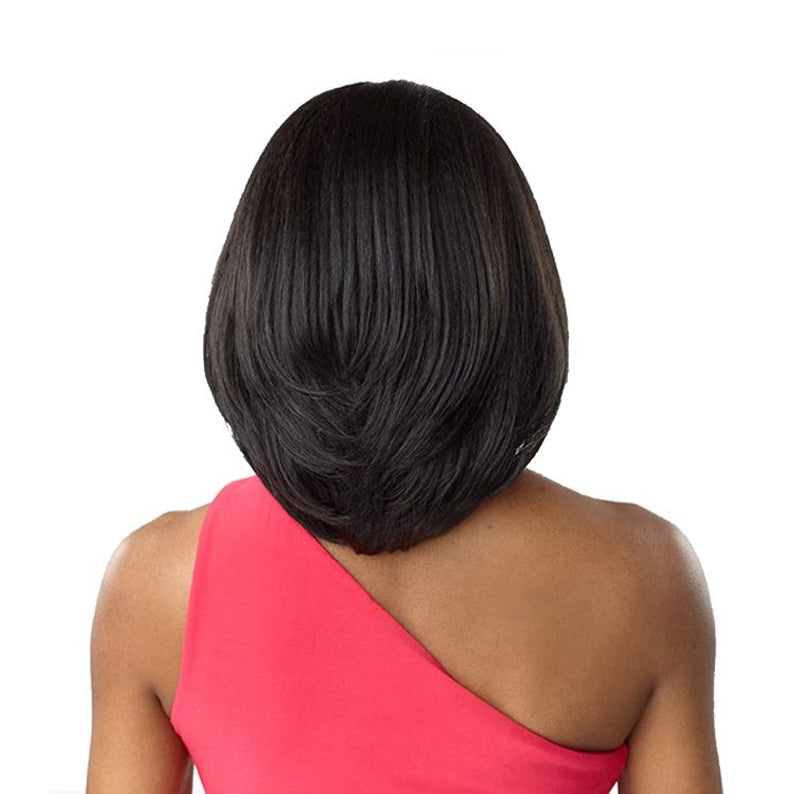 SENSATIONNEL instant weave drawstring half wig sleek layered black bob shown from back on model