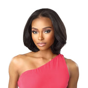 SENSATIONNEL instant weave drawstring half wig natural black sleek shoulder length bob on model