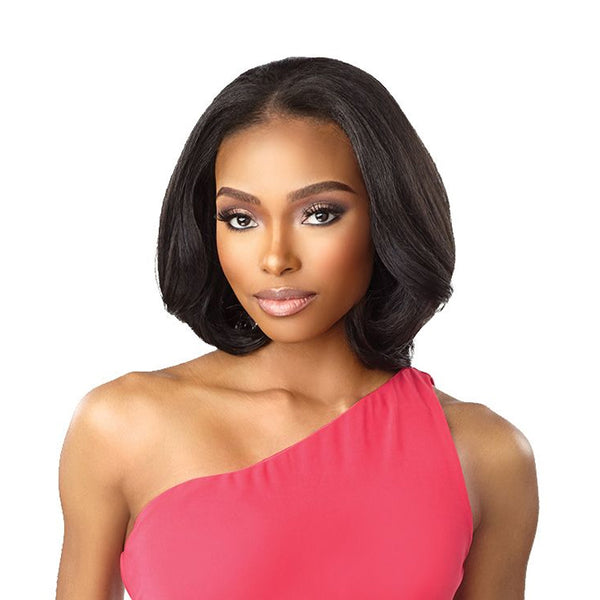 SENSATIONNEL instant weave drawstring half wig natural black sleek shoulder length bob on model