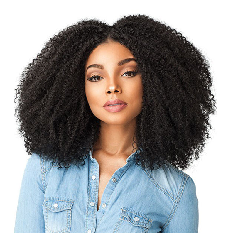 SENSATIONNEL lace front empress curls wig in natural black on model with voluminous kinky curls and center part