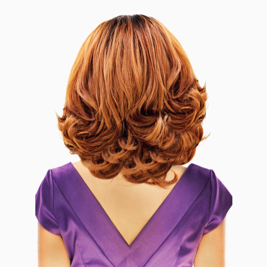 OUTRE hair purple pack see wave weave mid length layered auburn wig on model in purple dress back view