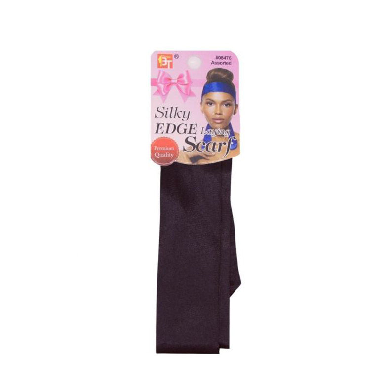 BEAUTY TOWN silky edge laying scarf black satin head wrap in retail packaging with model image