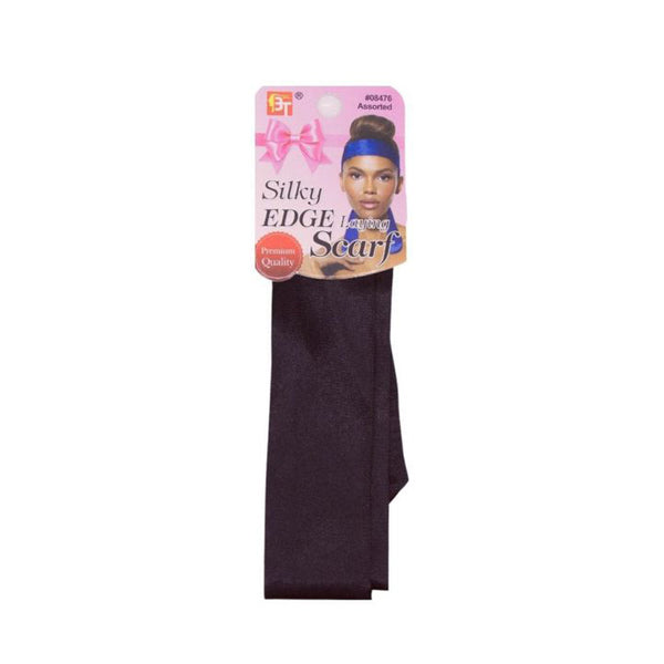 BEAUTY TOWN silky edge laying scarf black satin head wrap in retail packaging with model image