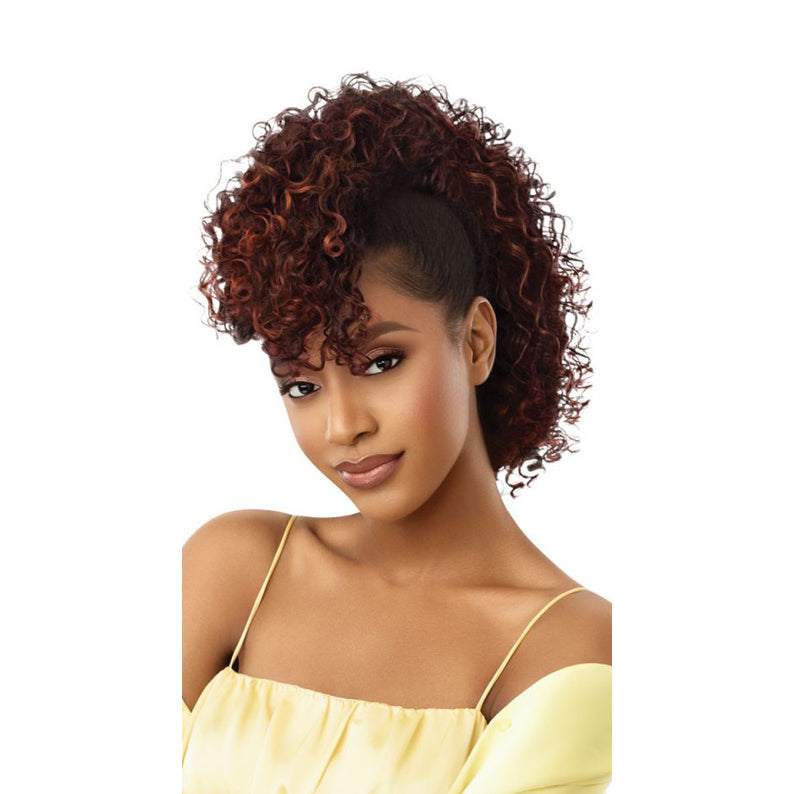 OUTRE synthetic half wig beach waves in auburn curly ponytail with forehead curls on model