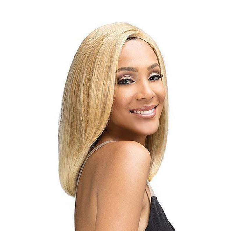 BOBBI BOSS synthetic lace front wig blonde straight shoulder length bob with side part on smiling model