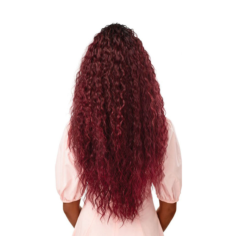 OUTRE synthetic wrap pony half wig long burgundy curly ombre hair back view on model in pink dress