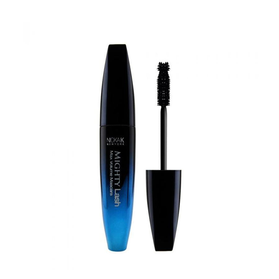 NICKA K Mighty Lash Mascara waterproof black and blue tube with wand and spoolie brush for lengthening