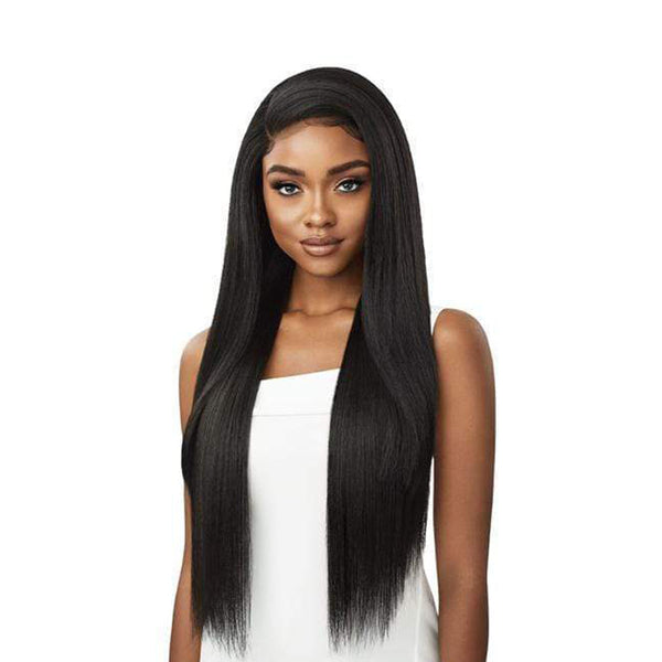 OUTRE 13x6 lace frontal wig long straight jet black with natural hairline on model for sleek styles