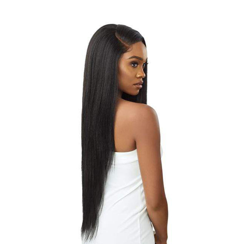 OUTRE 13x6 lace frontal wig long sleek straight black hair with deep side part on model