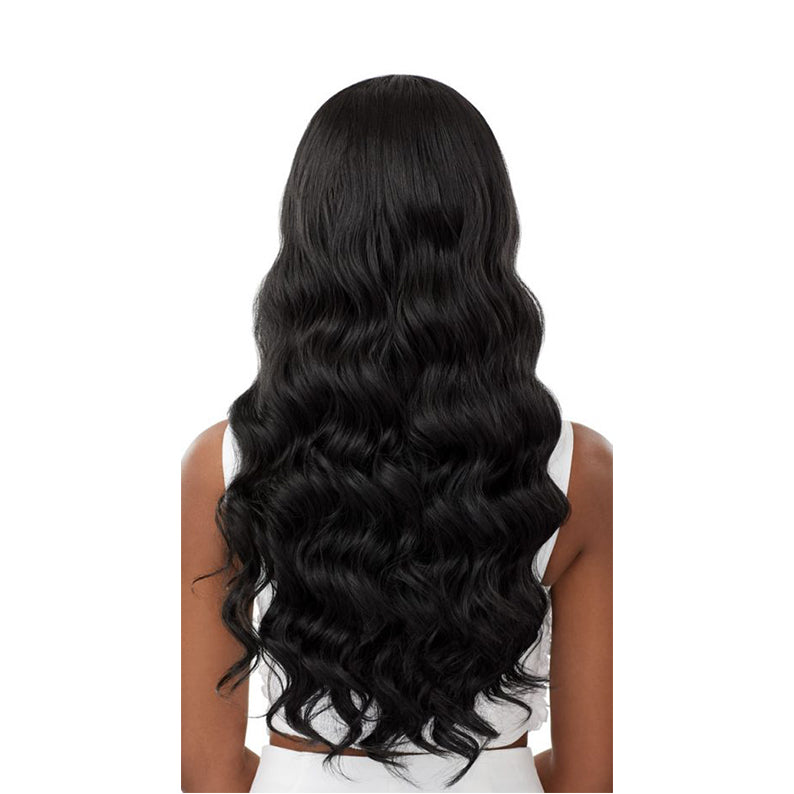 OUTRE lace front synthetic wig long wavy natural black hair back view waist length glossy waves