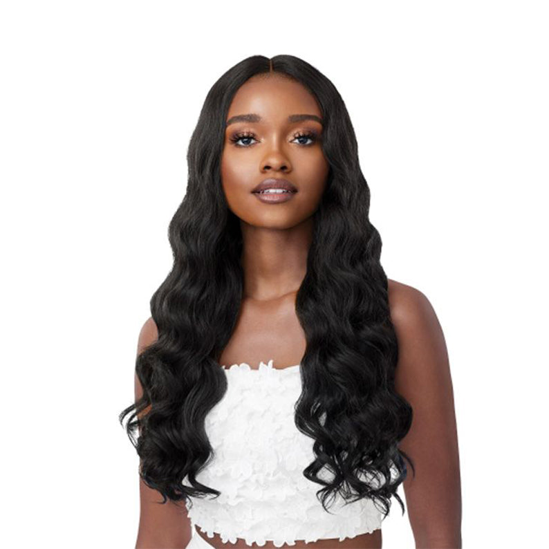 OUTRE long black wavy lace front synthetic wig with center part and natural hairline for everyday wear