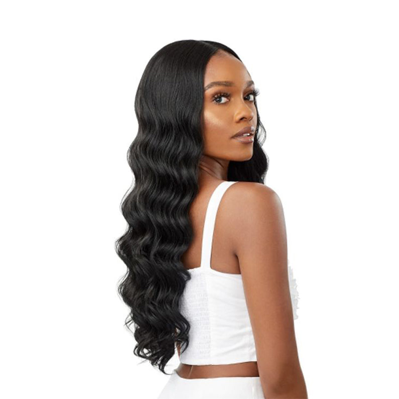 OUTRE lace front synthetic wig long wavy jet black with natural middle part and full length waves