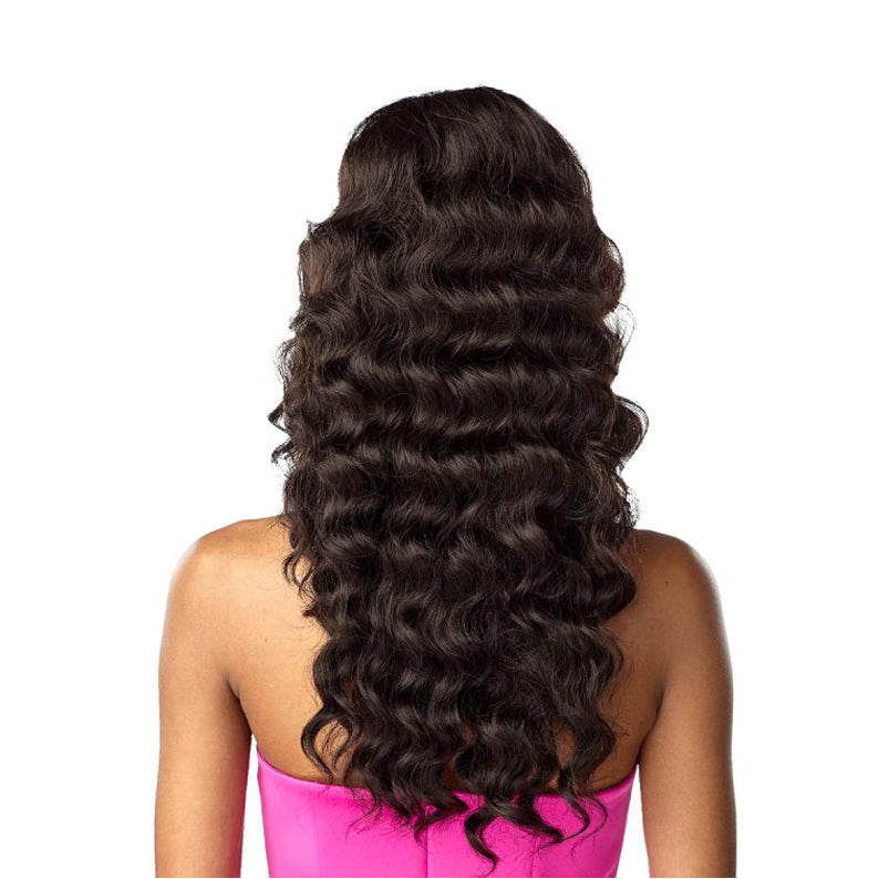 SENSATIONNEL long wavy dark brown instant weave drawstring half wig shown from back on model