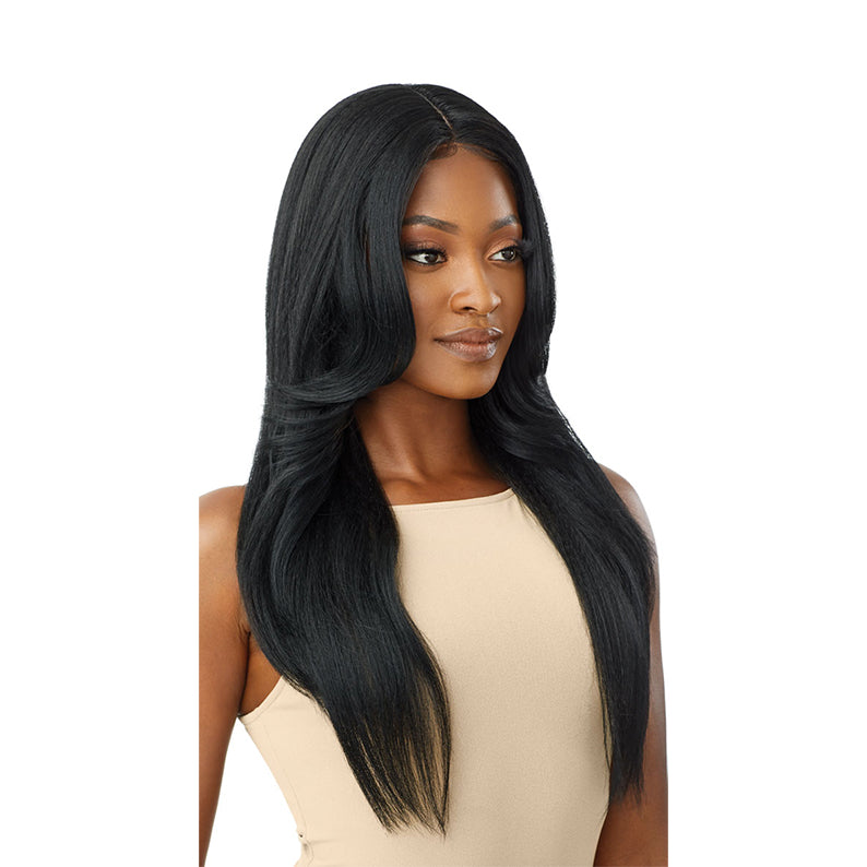 OUTRE 28 inch lace front wig long sleek black center part with face framing layers for everyday wear