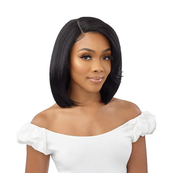 OUTRE 12 inch synthetic lace front wig sleek straight black bob with side part modeled on woman