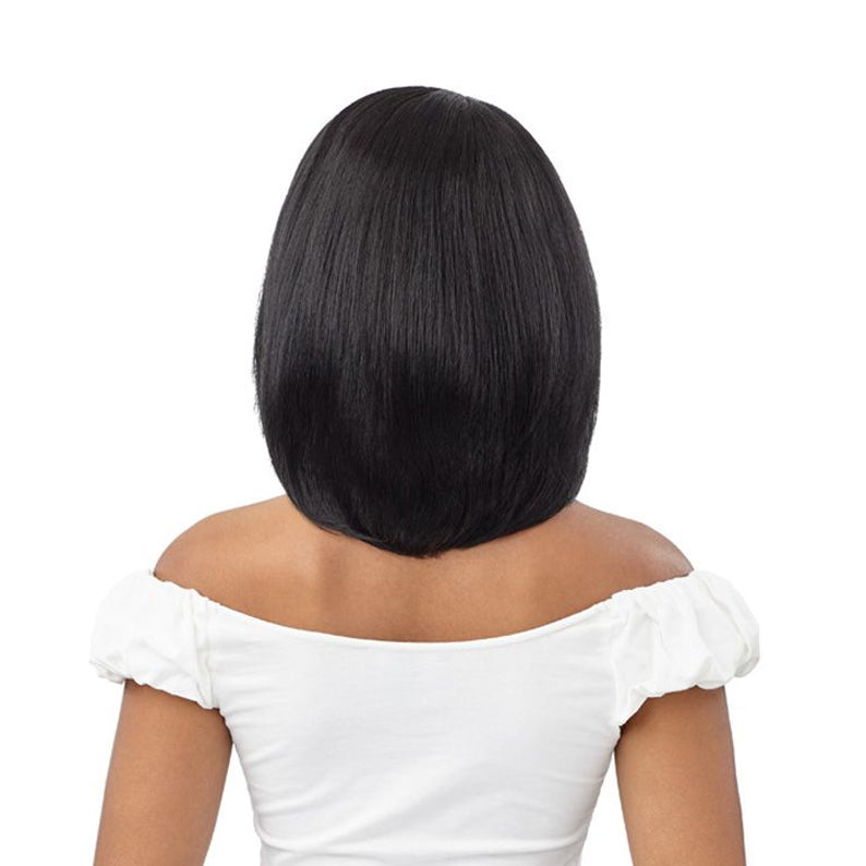 OUTRE 12 inch synthetic lace front wig sleek straight black bob shown from back on model in white top