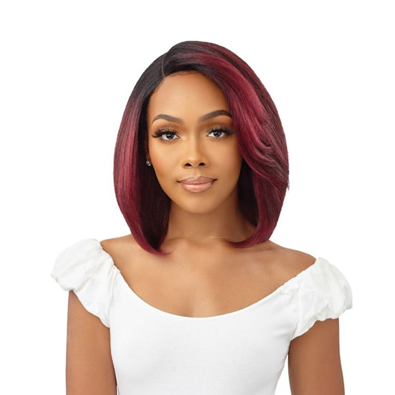 OUTRE 12 inch synthetic lace front wig burgundy ombre bob on model with side part and smooth shine