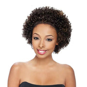 Short curly brown braid lace front wig by ITS A WIG on smiling model with natural hairline and highlights