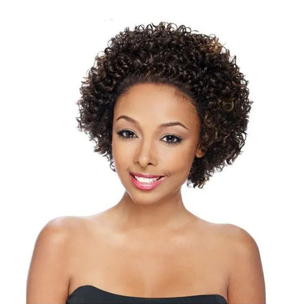 Short curly brown braid lace front wig by ITS A WIG on smiling model with natural hairline and highlights