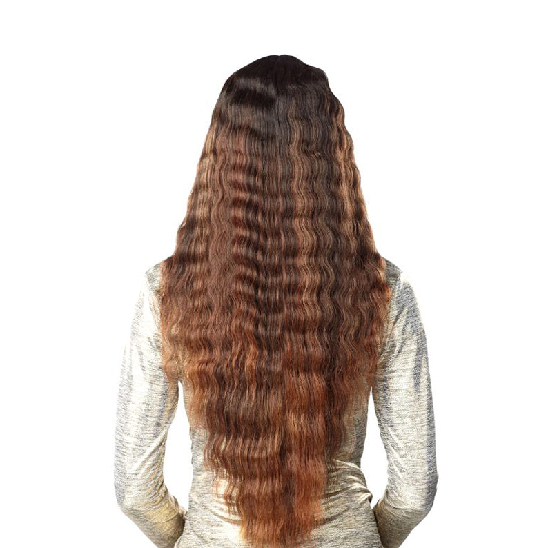SENSATIONNEL Butta Lace Unit 17 wig long wavy brown to copper ombre back view on model
