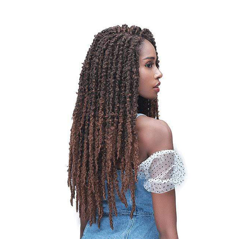 BOBBI BOSS Butterfly locs lace front wig long brown ombre textured locs on model wearing denim dress