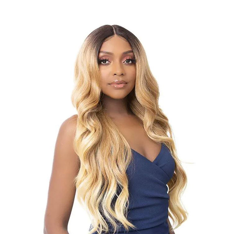 ITS A WIG long blonde ombre HD lace wig with center part loose waves on model