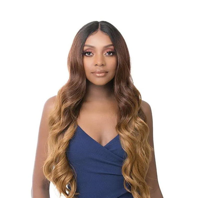 ITS A WIG HD lace wig long wavy ombre brown to honey blonde with natural center part and hairline